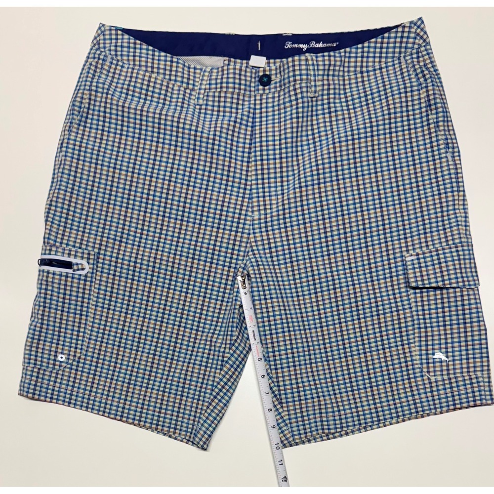Tommy Bahama Mens 38 Plaid Hybrid Cargo Shorts Blue Tan Quick Dry Stretch 10in